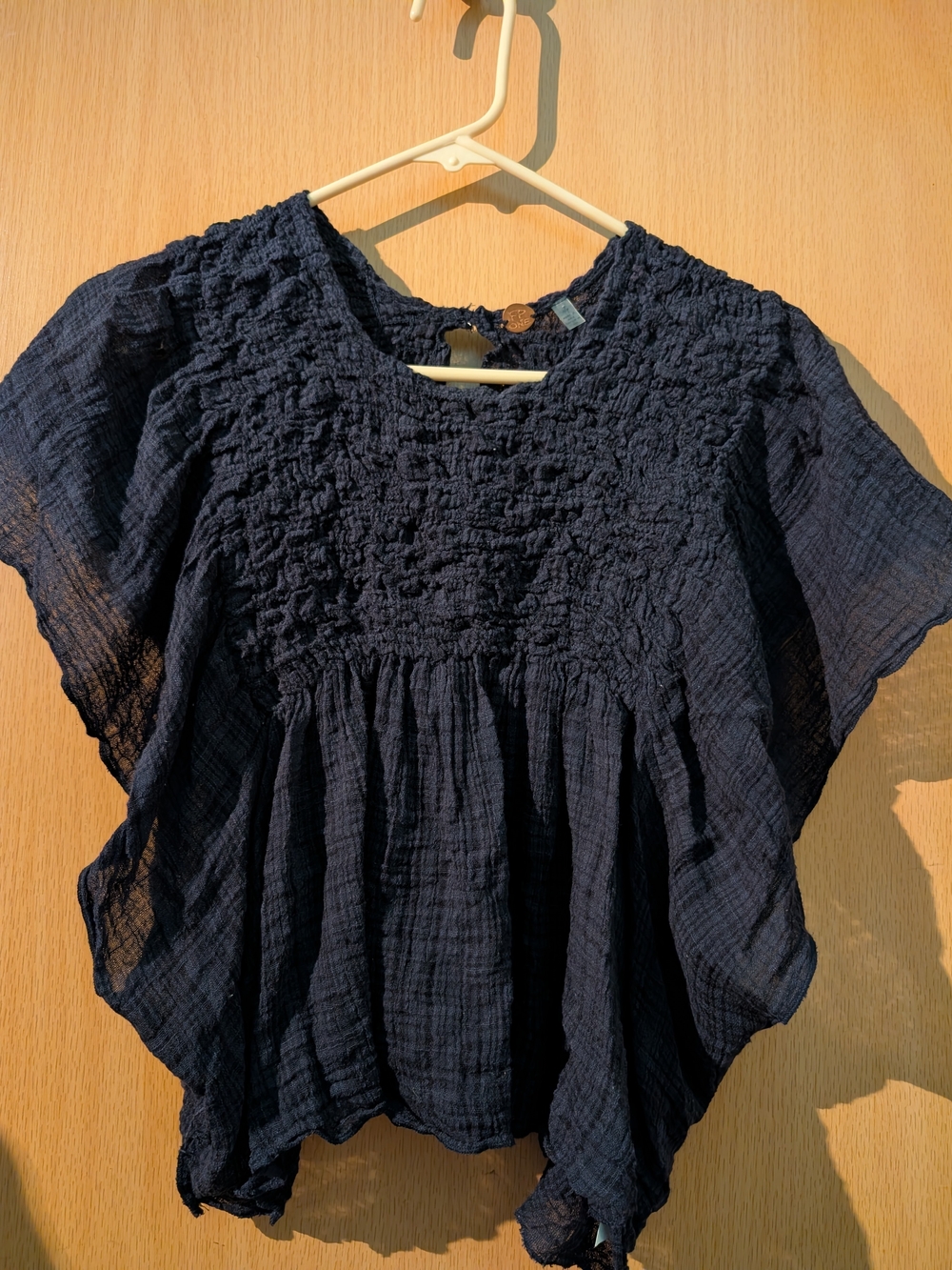 FP One - Smocked Black/Navy Gauze Flutter-Sleeve Blouse